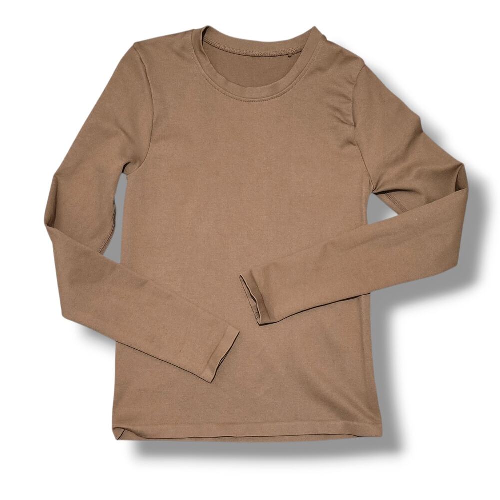 OQQ Women's Seamless Long Sleeve Ribbed Crewneck Top Mocha Brown Small
